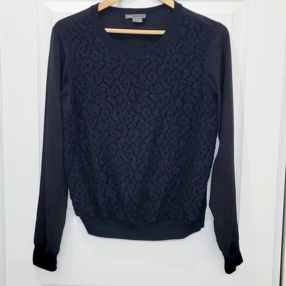 VINCE Black Lace Overlay Long Sleeves Pullover Crew Neck Blouse S